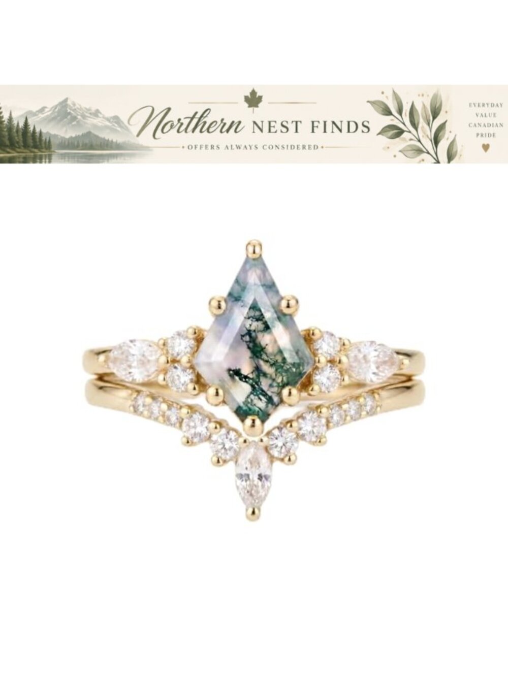 14K Gold Plated Moss Agate Stackable Ring Set Stainless Steel Engagement